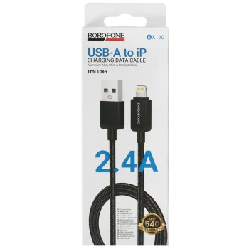 Кабел за данни / зареждане – Borofone (BX120 Placer Series) – USB към Lightning, алуминиев корпус, оплетка Nylon, 2.4A, 1m – Черен