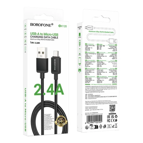 Кабел за данни / зареждане – Borofone (BX120 Placer Series) – USB към Micro-USB, алуминиев корпус, оплетка Nylon, 2.4A, 1m – Черен