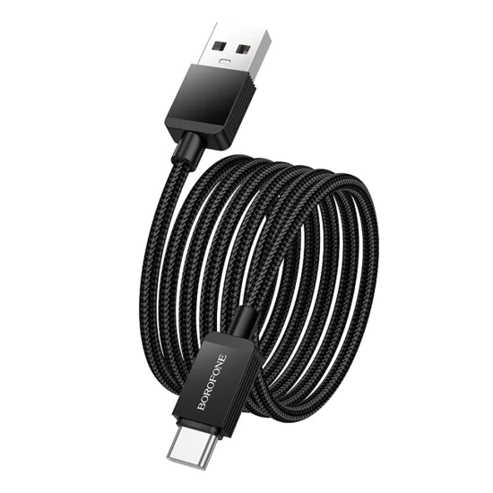 Кабел за данни / зареждане – Borofone BX120 Placer – USB към Type-C, алуминиев корпус, оплетка Nylon, 3A, 1m – Черен