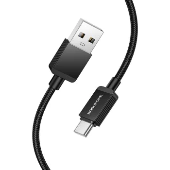 Кабел за данни / зареждане – Borofone BX120 Placer – USB към Type-C, алуминиев корпус, оплетка Nylon, 3A, 1m – Черен