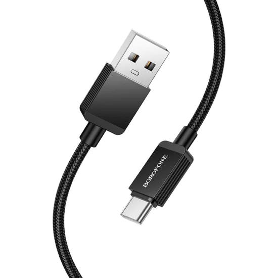 Кабел за данни / зареждане – Borofone BX120 Placer – USB към Type-C, алуминиев корпус, оплетка Nylon, 3A, 1m – Черен