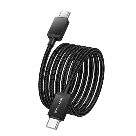 Кабел за данни / зареждане – Borofone (BX120 Placer Series) – Type-C към Type-C, алуминиев корпус, оплетка Nylon, PD 60W, 1m – Черен