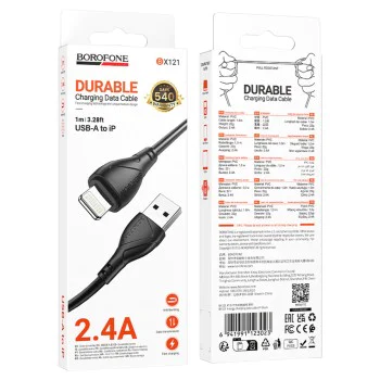 Кабел за данни / зареждане – Borofone BX121 Energy – USB към Lightning, PVC, 2.4A, 1m – Черен