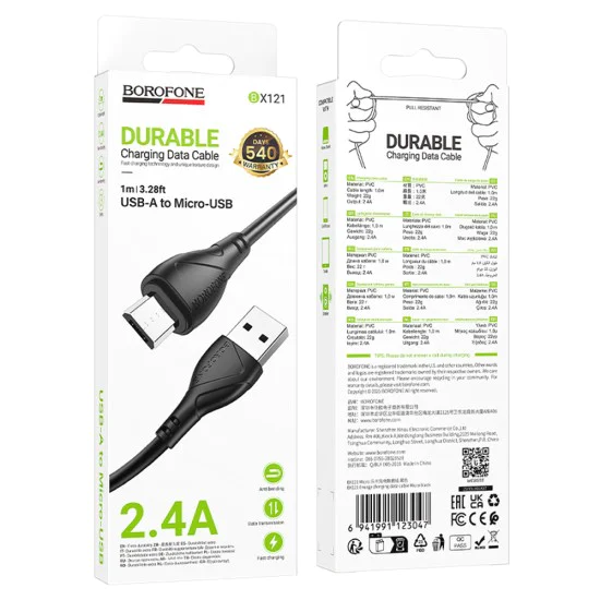 Кабел за данни / зареждане – Borofone (BX121 Energy Series) – USB към Micro-USB, PVC, 2.4A, 1m – Черен