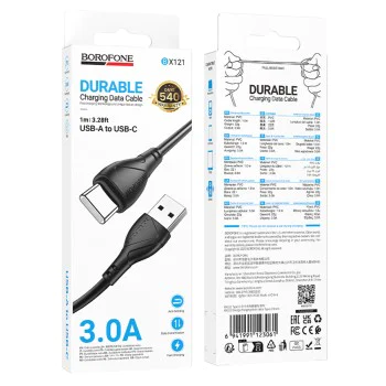 Кабел за данни / зареждане – Borofone BX121 Energy – USB към Type-C, PVC, 3A, 1m – Черен