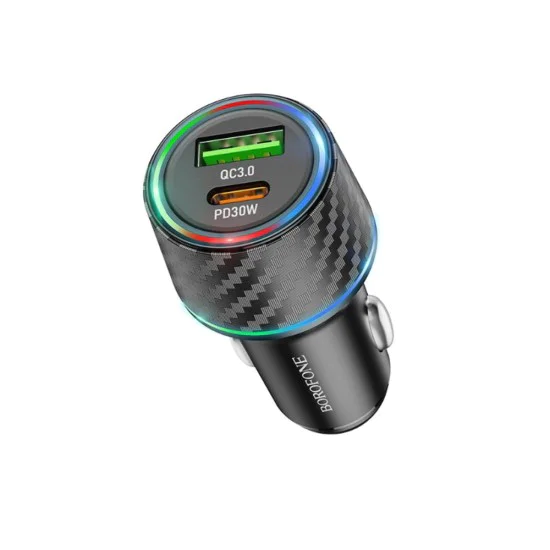 Зарядно за автомобил – Borofone (BZ21 Brilliant) – USB + Type-C, PD30W QC3.0 48W, LED – Черен