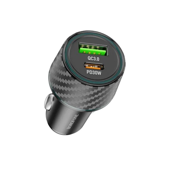 Зарядно за автомобил – Borofone (BZ21 Brilliant) – USB + Type-C, PD30W QC3.0 48W, LED – Черен