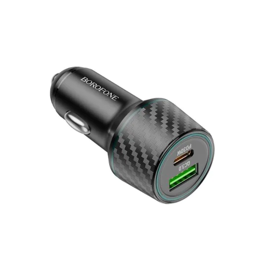Зарядно за автомобил – Borofone (BZ21 Brilliant) – USB + Type-C, PD30W QC3.0 48W, LED – Черен