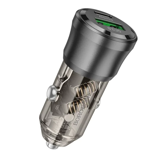 Зарядно за автомобил – Borofone (BZ25 Journey) – USB + Type-C, Dual Port, PD20W QC3.0 38W – Черен/Прозрачен