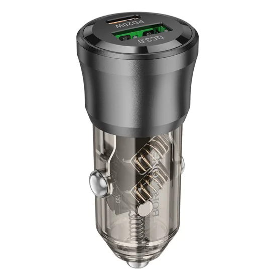 Зарядно за автомобил – Borofone (BZ25 Journey) – USB + Type-C, Dual Port, PD20W QC3.0 38W – Черен/Прозрачен