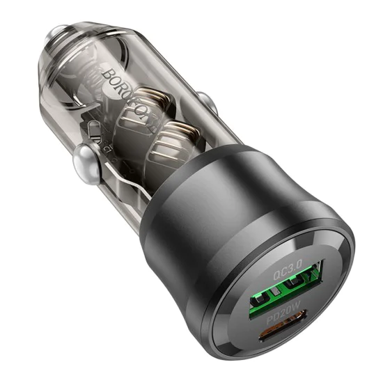 Зарядно за автомобил – Borofone (BZ25 Journey) – USB + Type-C, Dual Port, PD20W QC3.0 38W – Черен/Прозрачен