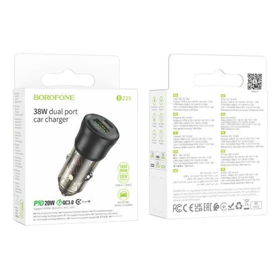 Зарядно за автомобил – Borofone (BZ25 Journey) – USB + Type-C, Dual Port, PD20W QC3.0 38W – Черен/Прозрачен
