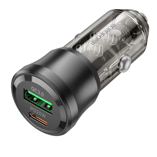 Зарядно за автомобил – Borofone (BZ25 Journey) – USB + Type-C, Dual Port, PD20W QC3.0 38W – Черен/Прозрачен
