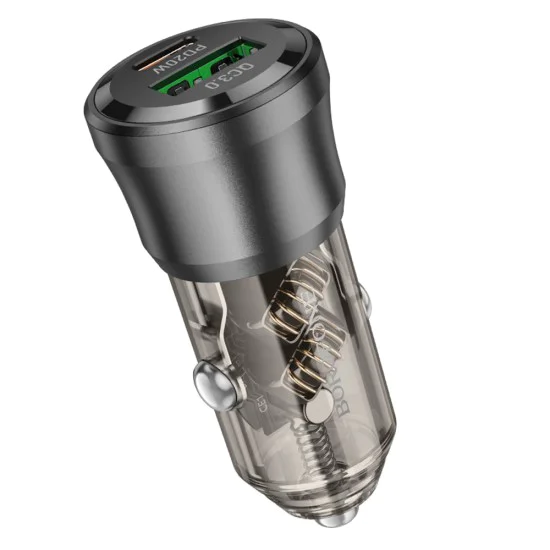 Зарядно за автомобил – Borofone (BZ25 Journey) – USB + Type-C, Dual Port, PD20W QC3.0 38W – Черен/Прозрачен