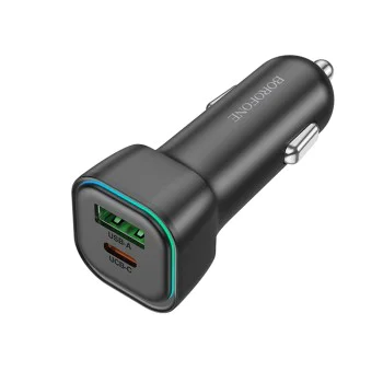 Зарядно за автомобил – Borofone (BZ28A Trophie) – 1x USB, 1x Type-C, Dual Port 30W, LED – Черен