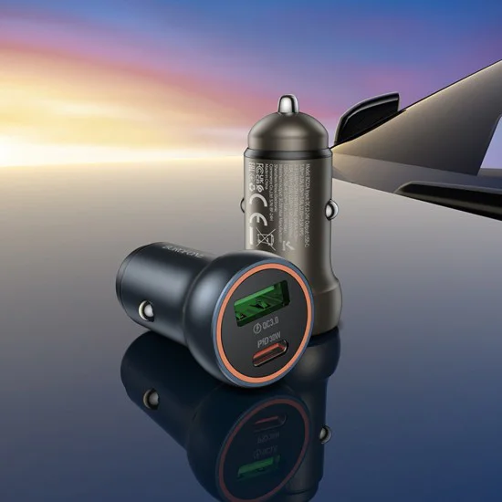 Зарядно за автомобил – Borofone (BZ32A Fresh) – Type-C + USB, Fast Charge, Dual Port, 30W, алуминий – Металик