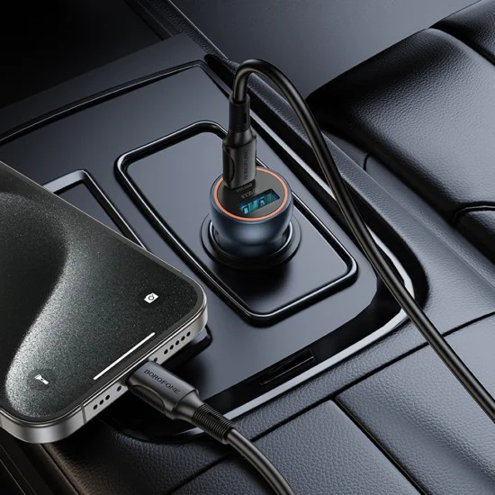 Зарядно за автомобил – Borofone (BZ32A Fresh) – Type-C + USB, Fast Charge, Dual Port, 30W, алуминий – Металик
