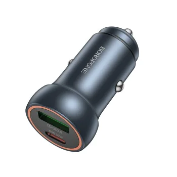 Зарядно за автомобил – Borofone (BZ32A Fresh) – Type-C + USB, Fast Charge, Dual Port, 30W, алуминий – Металик