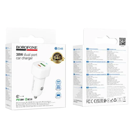 Зарядно за автомобил – Borofone (BZ34B) – USB-C + USB, PD20W, QC3.0, Dual Port, 38W – Бял