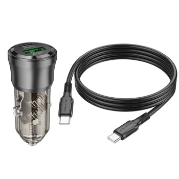 Зарядно за автомобил – Borofone (BZ25 Journey) – включен Type-C кабел, Dual Port USB-C + USB, 38W, 12–24V – Черен/Прозрачен