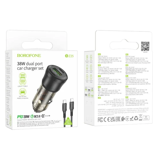 Зарядно за автомобил – Borofone (BZ25 Journey) – включен Type-C кабел, Dual Port USB-C + USB, 38W, 12–24V – Черен/Прозрачен