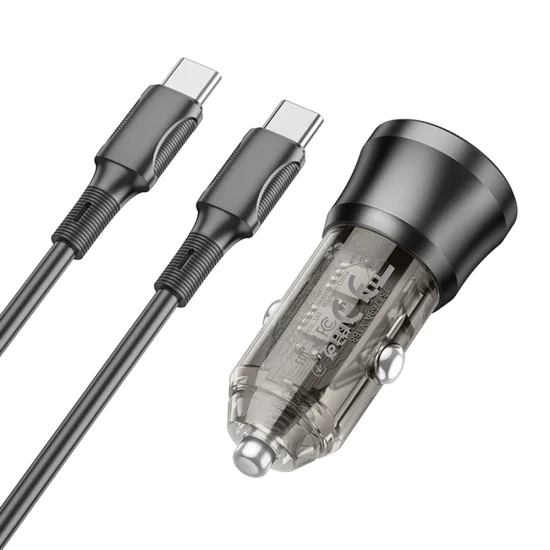 Зарядно за автомобил – Borofone (BZ25 Journey) – включен Type-C кабел, Dual Port USB-C + USB, 38W, 12–24V – Черен/Прозрачен