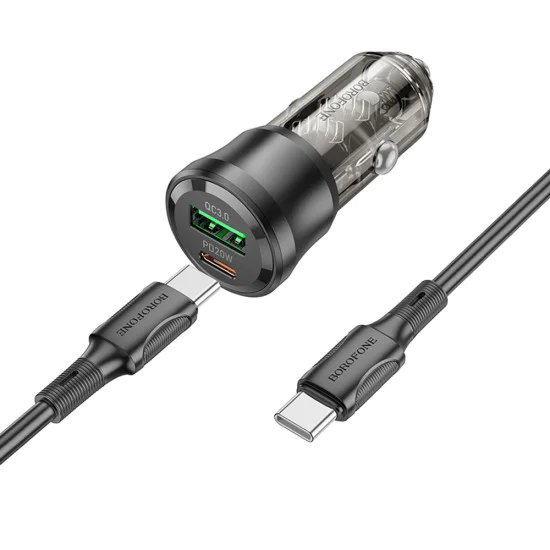 Зарядно за автомобил – Borofone (BZ25 Journey) – включен Type-C кабел, Dual Port USB-C + USB, 38W, 12–24V – Черен/Прозрачен