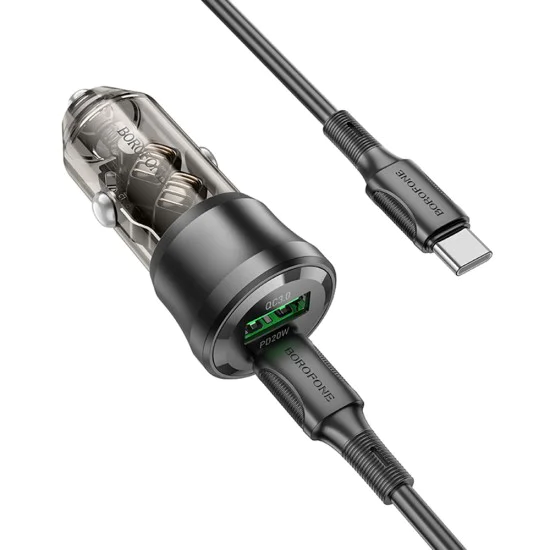 Зарядно за автомобил – Borofone (BZ25 Journey) – включен Type-C кабел, Dual Port USB-C + USB, 38W, 12–24V – Черен/Прозрачен