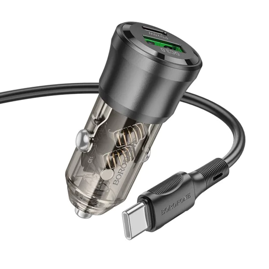 Зарядно за автомобил – Borofone (BZ25 Journey) – включен Type-C кабел, Dual Port USB-C + USB, 38W, 12–24V – Черен/Прозрачен