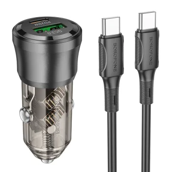 Зарядно за автомобил – Borofone (BZ25 Journey) – включен Type-C кабел, Dual Port USB-C + USB, 38W, 12–24V – Черен/Прозрачен