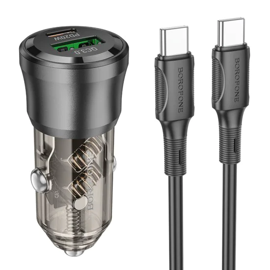 Зарядно за автомобил – Borofone (BZ25 Journey) – включен Type-C кабел, Dual Port USB-C + USB, 38W, 12–24V – Черен/Прозрачен
