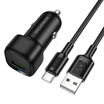 Зарядно за автомобил – Borofone (BZ34) – включен USB-A/C кабел, Single USB-A, 18W QC/FCP/AFC – Черен