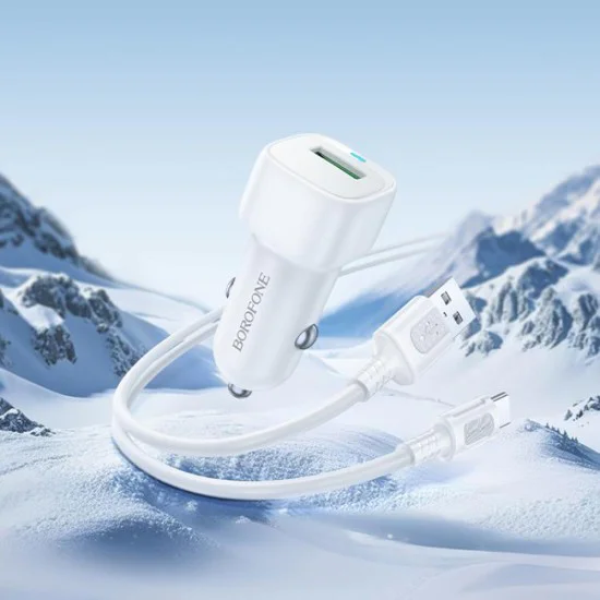 Зарядно за автомобил – Borofone (BZ34) – включен USB-A/C кабел, Single USB-A, 18W QC/FCP/AFC – Бял