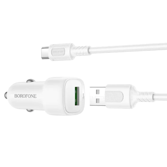 Зарядно за автомобил – Borofone (BZ34) – включен USB-A/C кабел, Single USB-A, 18W QC/FCP/AFC – Бял