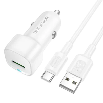 Зарядно за автомобил – Borofone (BZ34) – включен USB-A/C кабел, Single USB-A, 18W QC/FCP/AFC – Бял