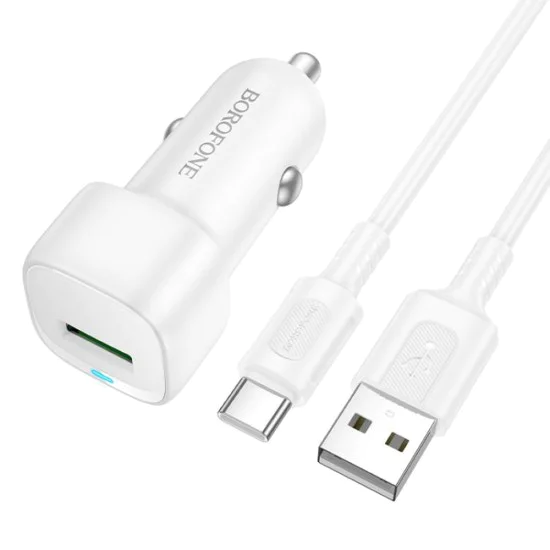 Зарядно за автомобил – Borofone (BZ34) – включен USB-A/C кабел, Single USB-A, 18W QC/FCP/AFC – Бял