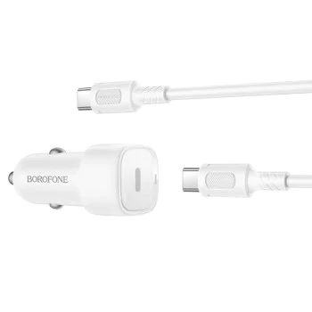 Зарядно за автомобил – Borofone (BZ34A Cloud) – включен Type-C кабел, Single Type-C, PD20W, 12–24V – Бял