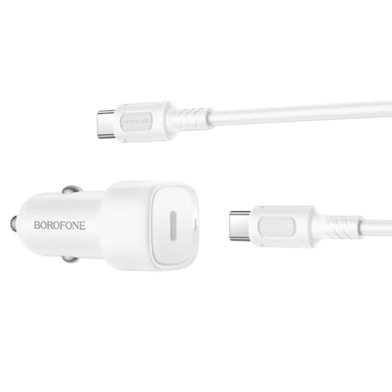 Зарядно за автомобил – Borofone (BZ34A Cloud) – включен Type-C кабел, Single Type-C, PD20W, 12–24V – Бял
