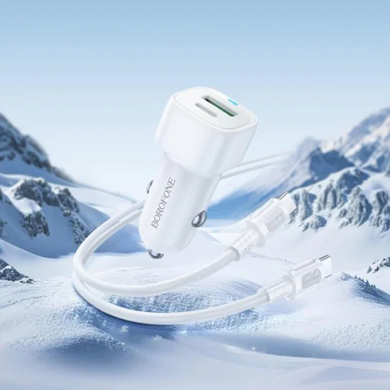 Зарядно за автомобил – Borofone (BZ34B Cloud) – включен Type-C кабел, USB-C + USB-A, PD20W, QC3.0, 38W – Бял