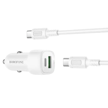 Зарядно за автомобил – Borofone (BZ34B Cloud) – включен Type-C кабел, USB-C + USB-A, PD20W, QC3.0, 38W – Бял