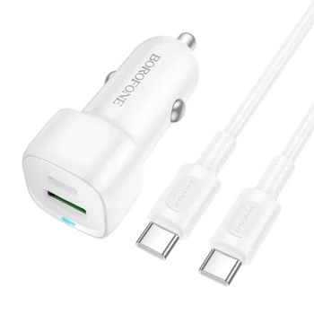 Зарядно за автомобил – Borofone (BZ34B Cloud) – включен Type-C кабел, USB-C + USB-A, PD20W, QC3.0, 38W – Бял