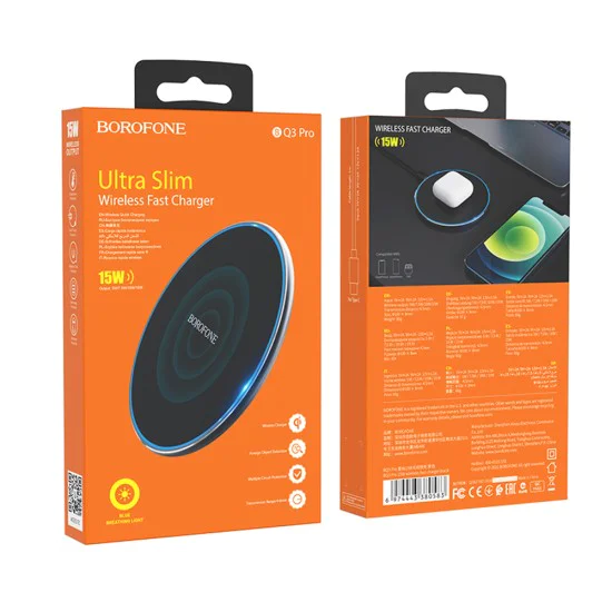 Безжично зарядно – Borofone (BQ3 Pro) – включен Type-C кабел, 15W, алуминий – Черен