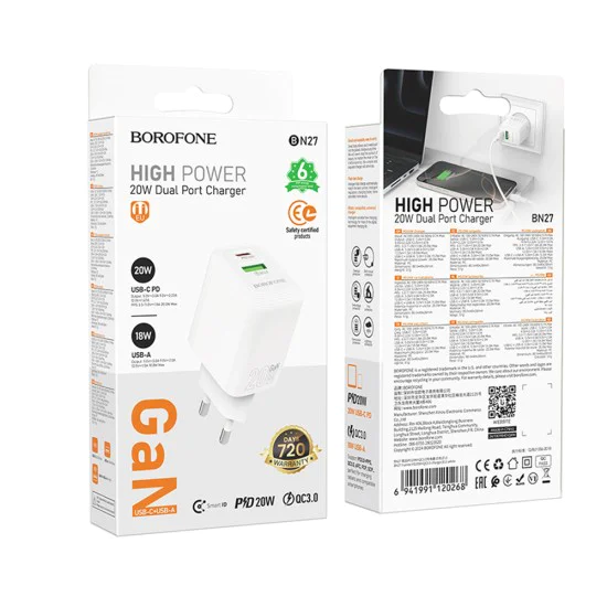 Зарядно за стена – Borofone (BN27 Fuente) – USB + USB-C, PD20W QC3.0 GaN – Бял