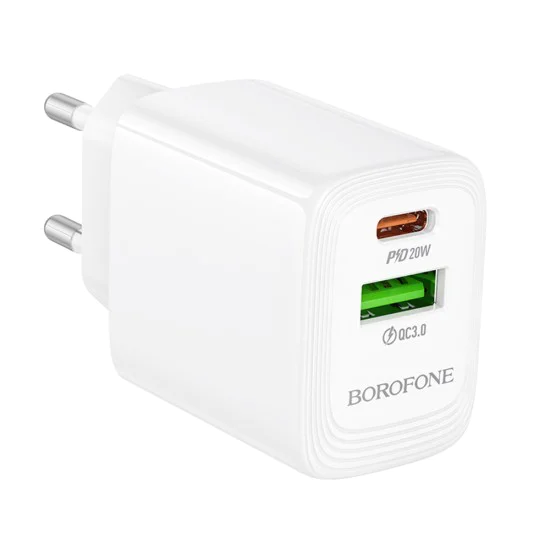 Зарядно за стена – Borofone (BN27 Fuente) – USB + USB-C, PD20W QC3.0 GaN – Бял