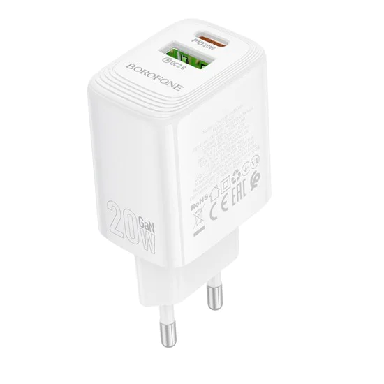 Зарядно за стена – Borofone (BN27 Fuente) – USB + USB-C, PD20W QC3.0 GaN – Бял