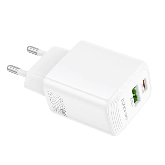 Зарядно за стена – Borofone (BN27 Fuente) – USB + USB-C, PD20W QC3.0 GaN – Бял
