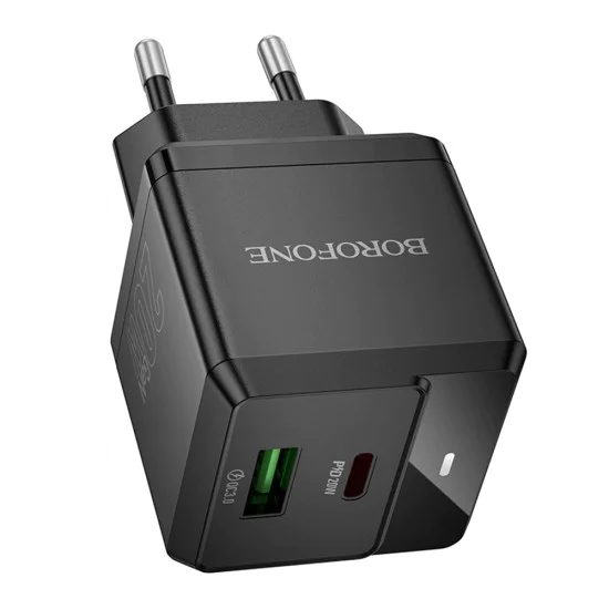 Зарядно за стена – Borofone (BN19 Intenso) – USB + Type-C, PD20W QC3.0 – Черен