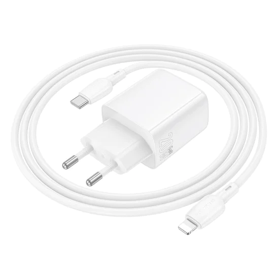 Зарядно за стена – Borofone (BN27 Fuente) – включен USB-C към Lightning кабел, USB + USB-C, PD20W QC3.0 GaN – Бял