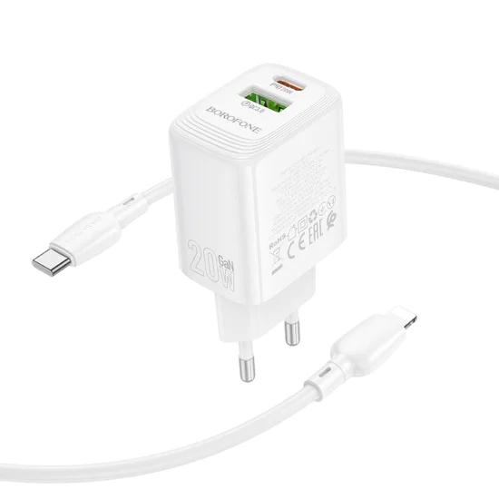 Зарядно за стена – Borofone (BN27 Fuente) – включен USB-C към Lightning кабел, USB + USB-C, PD20W QC3.0 GaN – Бял