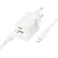 Зарядно за стена – Borofone (BN27 Fuente) – включен USB-C към Lightning кабел, USB + USB-C, PD20W QC3.0 GaN – Бял